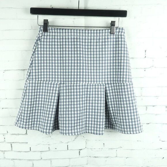 21 SAINTS BLUE GREY CHECKERED PLEATED HEM ELASTIC WAIST MINI SKIRT SIZE SMALL - Picture 1 of 5